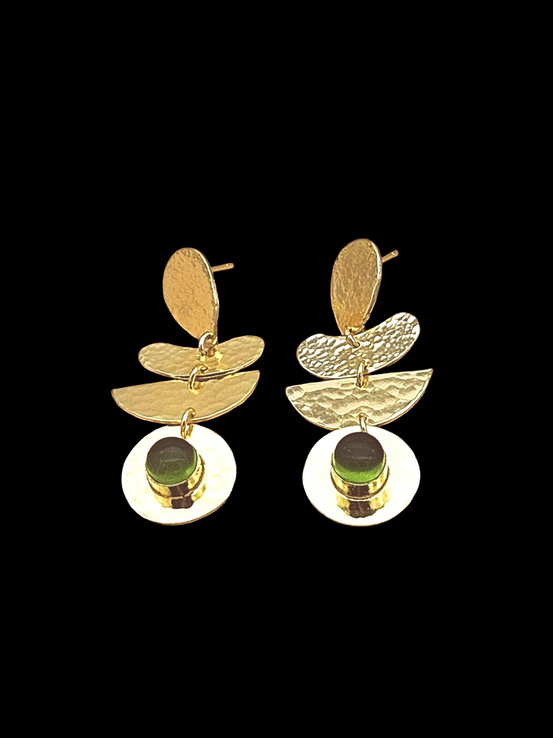 Luxury Gold Plated Peridot Glass Dangle Earrings – Handcrafted Hammered Designer Style