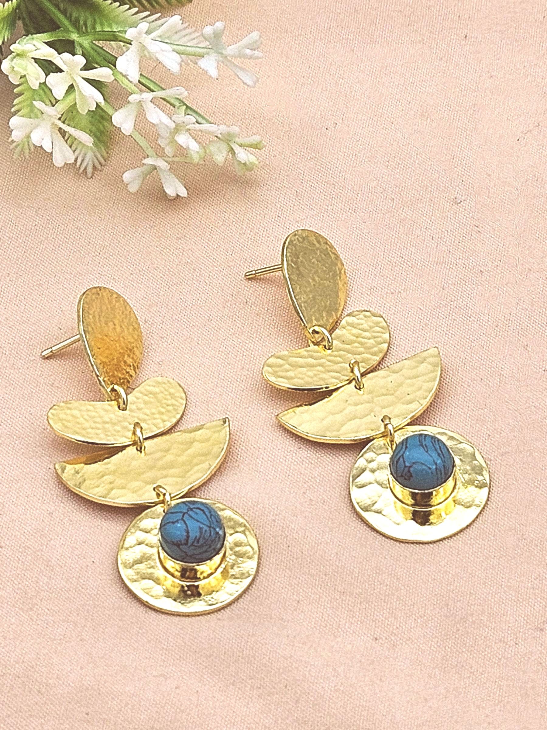 Trendy Handmade Turquoise Hammered Earrings – Gold Plated Fashion Jewelry