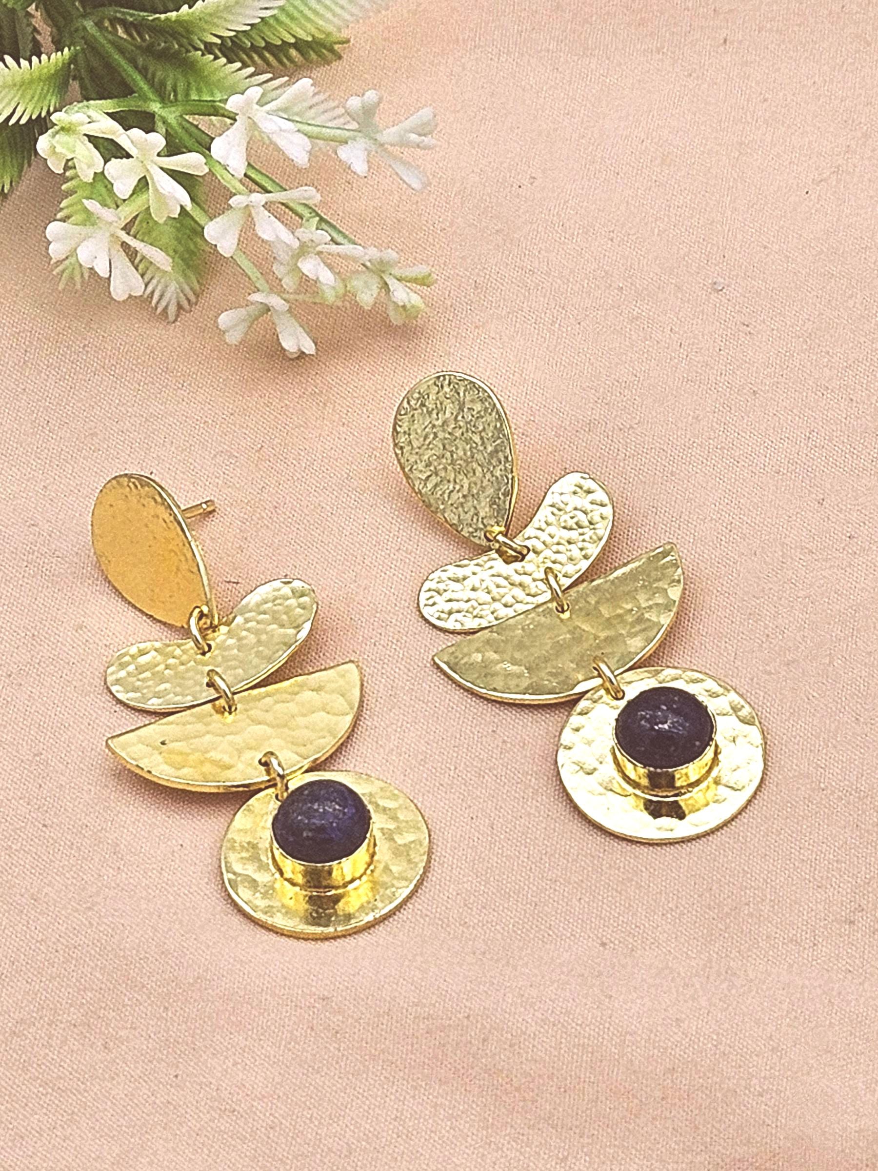 Trendy Handmade Lapis Stone Hammered Earrings – Gold Plated Fashion Jewelry