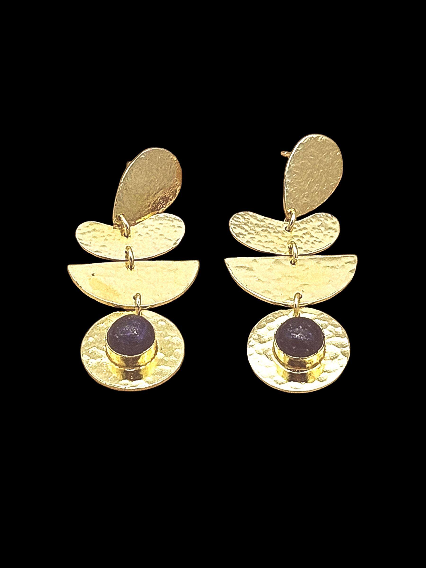 Trendy Handmade Lapis Stone Hammered Earrings – Gold Plated Fashion Jewelry