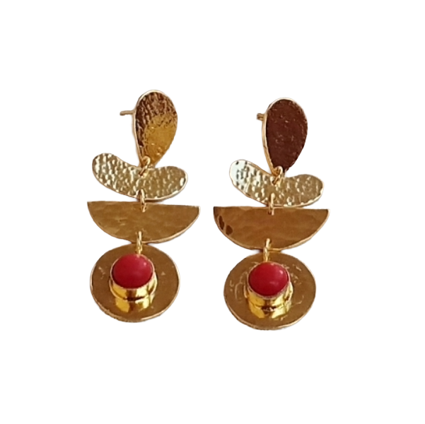 Handcrafted Gold Plated Coral Hammered Earrings – Elegant Designer Dangle Jewelry for Women