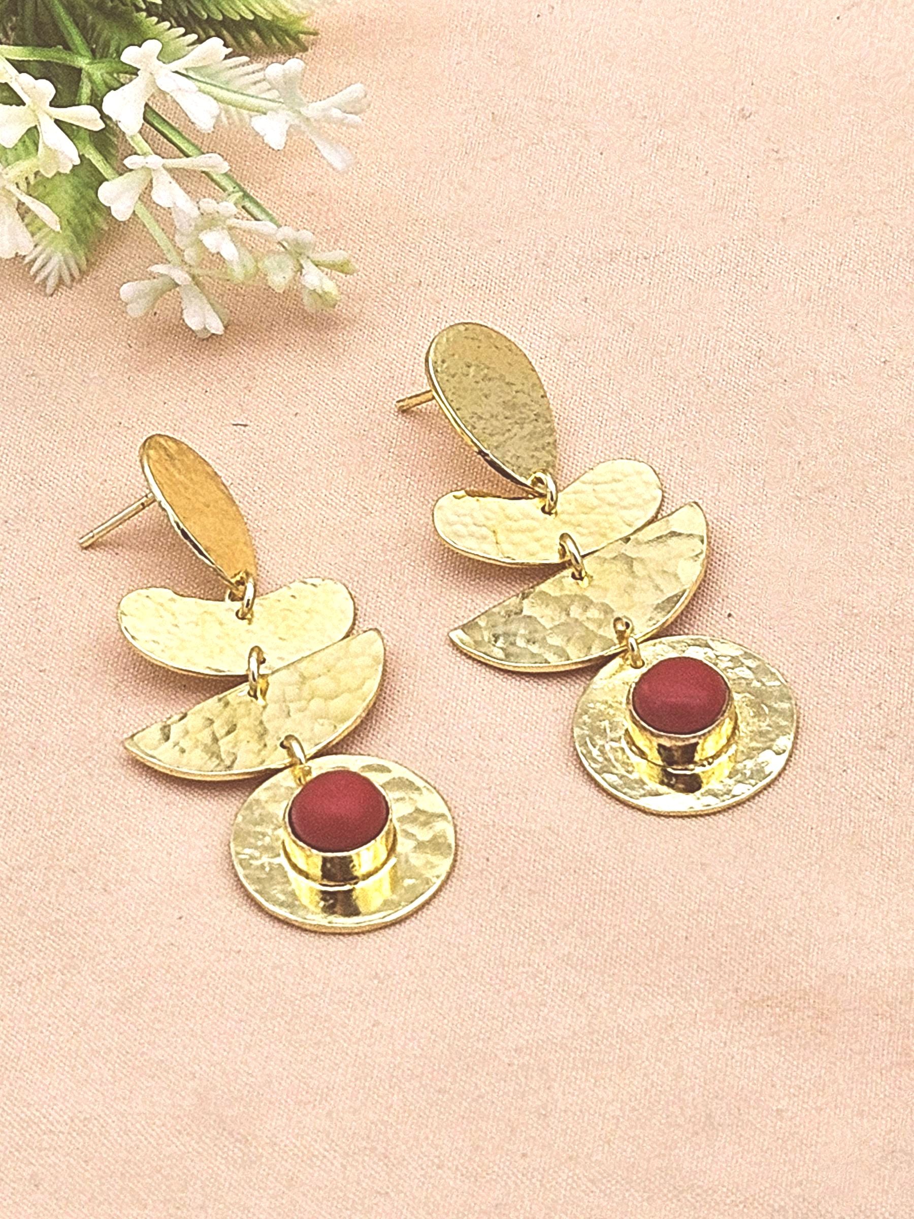 Handcrafted Gold Plated Coral Hammered Earrings – Elegant Designer Dangle Jewelry for Women