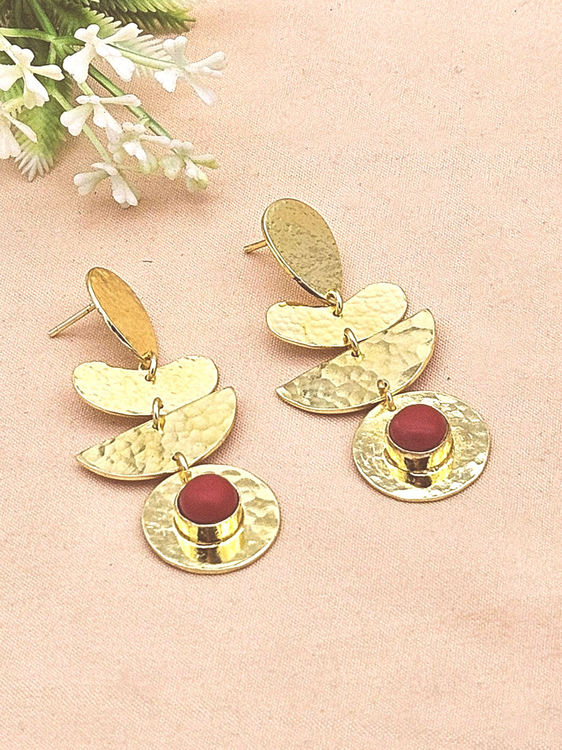 Handcrafted Gold Plated Coral Hammered Earrings – Elegant Designer Dangle Jewelry for Women