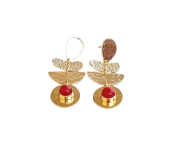 Handcrafted Gold Plated Red Onyx Hammered Earrings – Elegant Designer Dangle Jewelry for Women