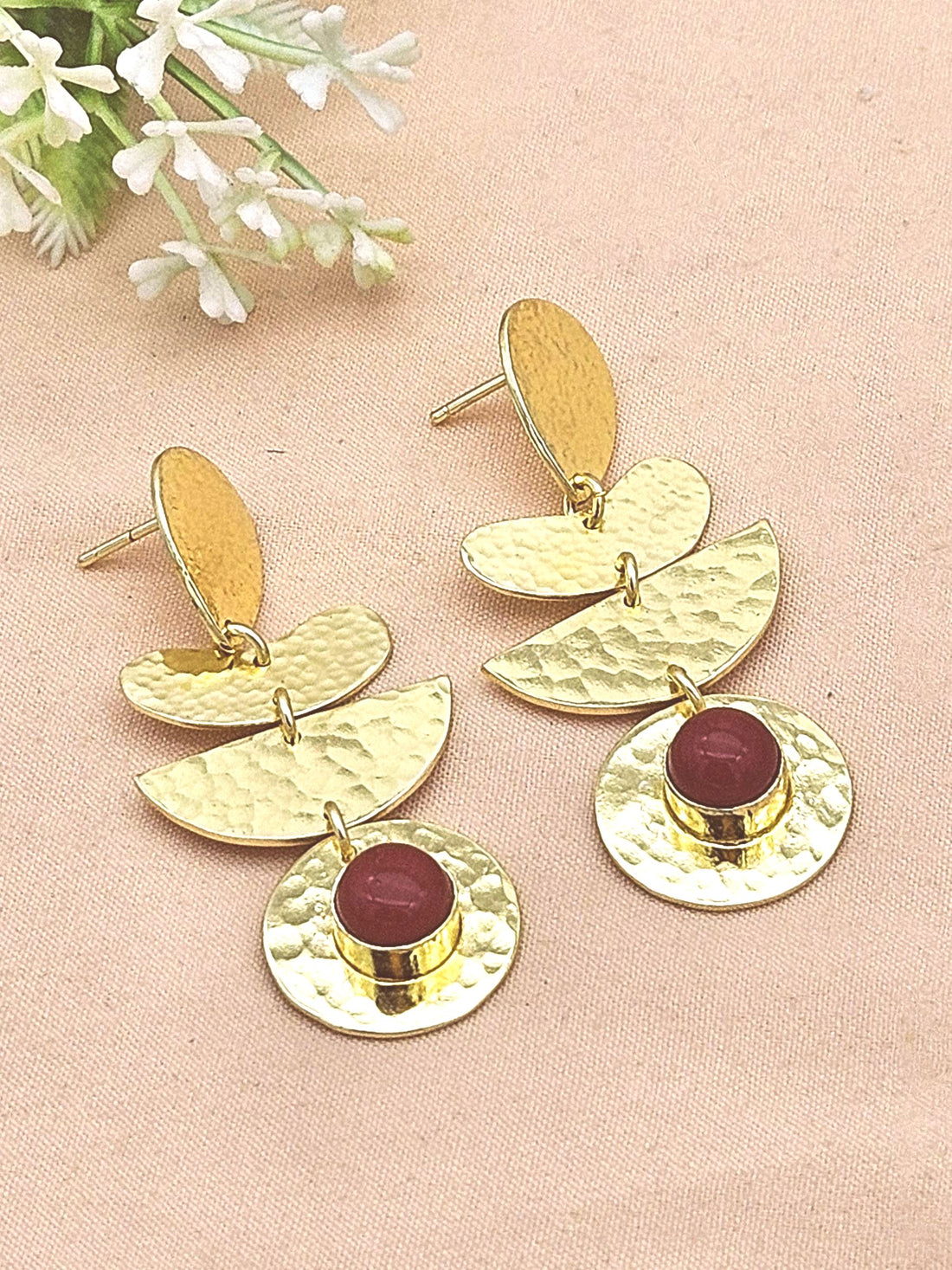 Handcrafted Gold Plated Red Onyx Hammered Earrings – Elegant Designer Dangle Jewelry for Women