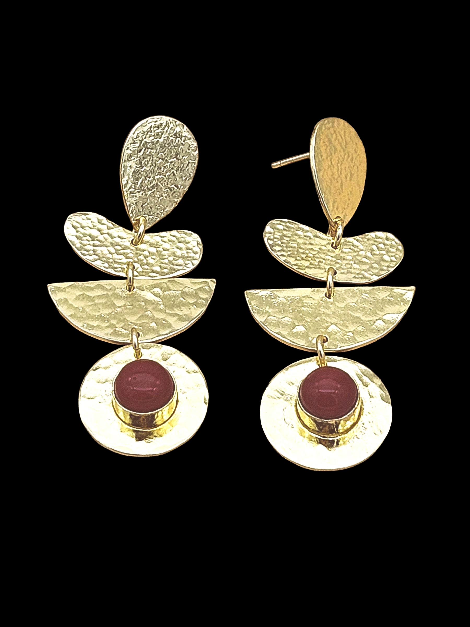 Handcrafted Gold Plated Red Onyx Hammered Earrings – Elegant Designer Dangle Jewelry for Women