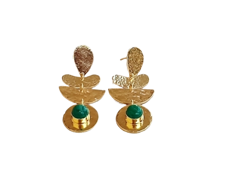 Handcrafted Gold Plated Malachite Hammered Earrings – Elegant Designer Dangle Jewelry for Women