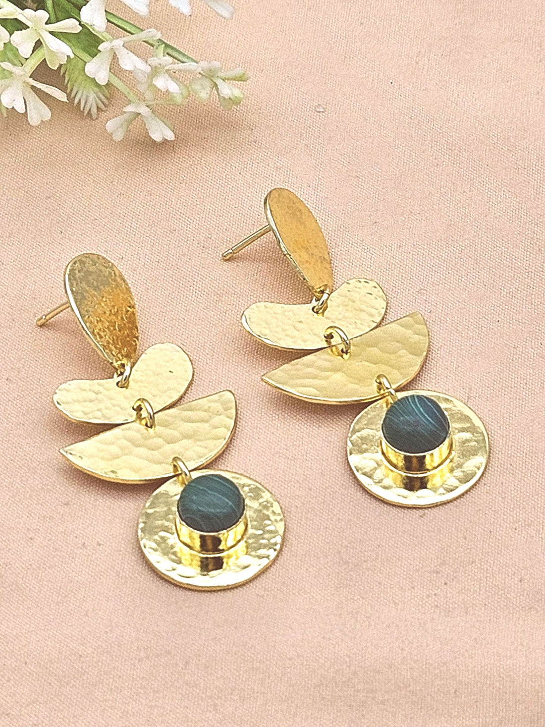 Handcrafted Gold Plated Malachite Hammered Earrings – Elegant Designer Dangle Jewelry for Women