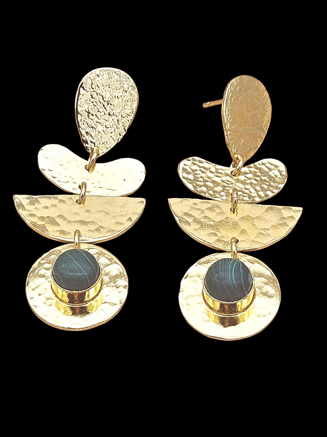 Handcrafted Gold Plated Malachite Hammered Earrings – Elegant Designer Dangle Jewelry for Women