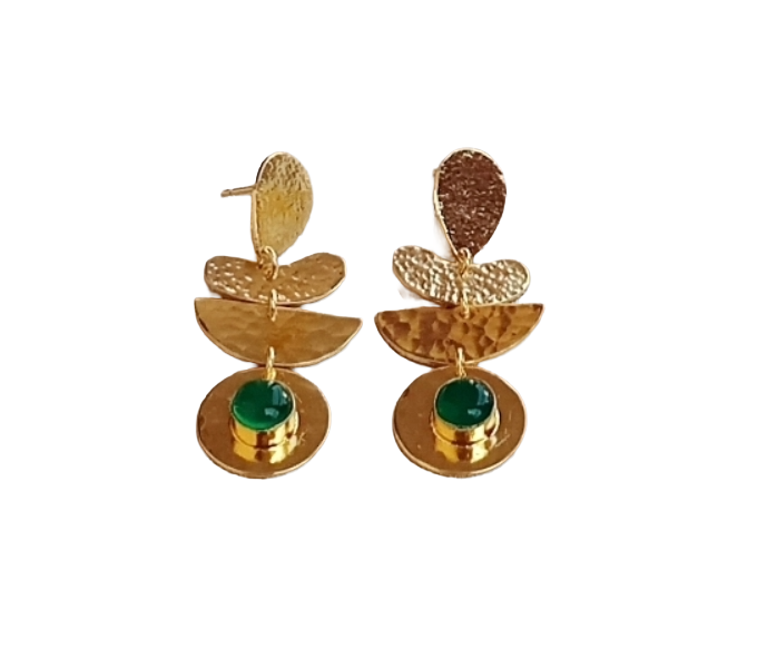 Handcrafted Gold Plated Green Onyx Hammered Earrings – Elegant Designer Dangle Jewelry for Women