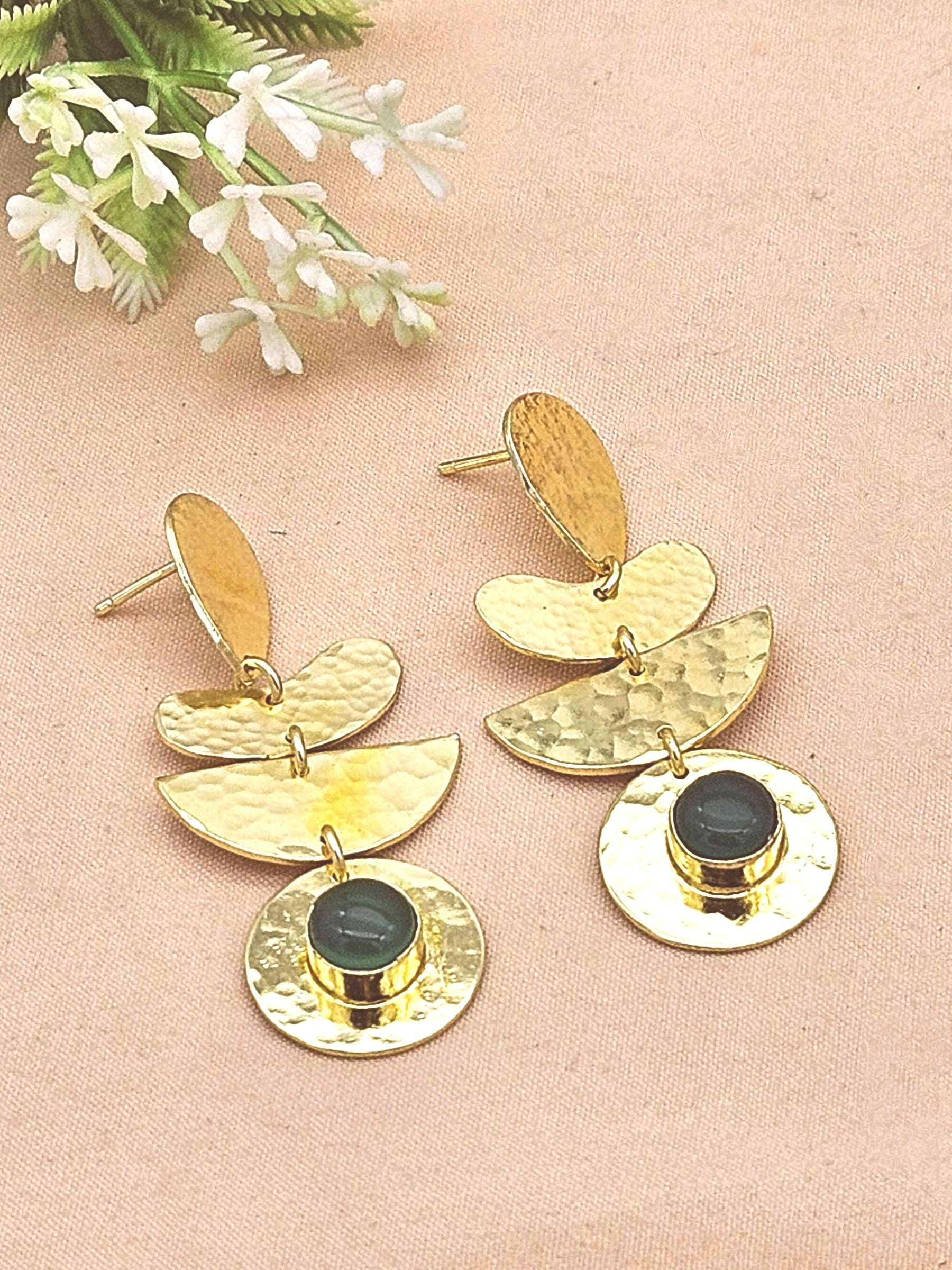 Handcrafted Gold Plated Green Onyx Hammered Earrings – Elegant Designer Dangle Jewelry for Women