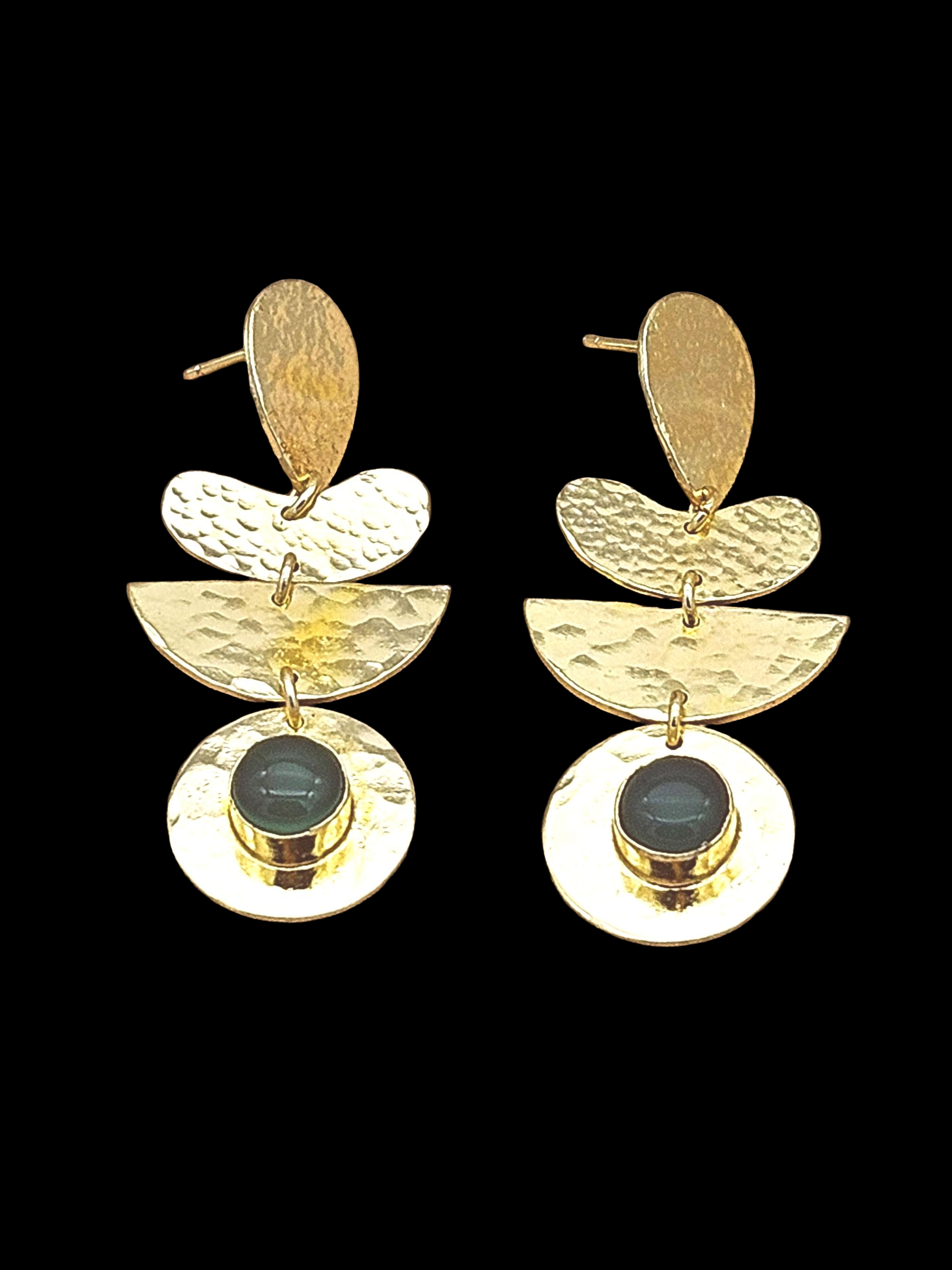 Handcrafted Gold Plated Green Onyx Hammered Earrings – Elegant Designer Dangle Jewelry for Women