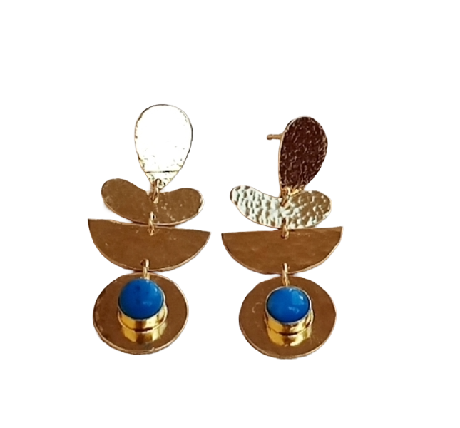 Handcrafted Gold Plated Blue Glass Hammered Earrings – Elegant Designer Dangle Jewelry for Women