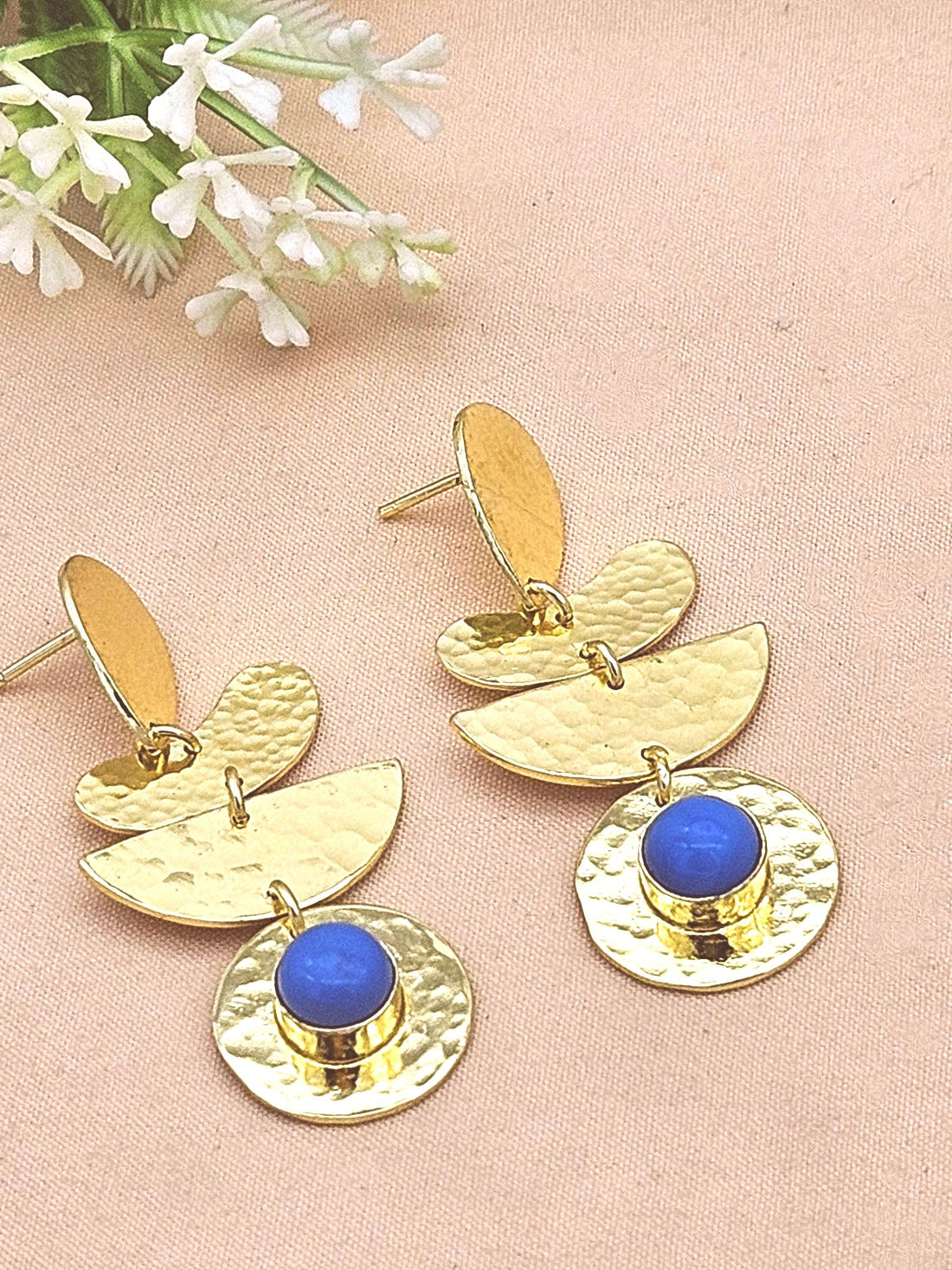 Handcrafted Gold Plated Blue Glass Hammered Earrings – Elegant Designer Dangle Jewelry for Women
