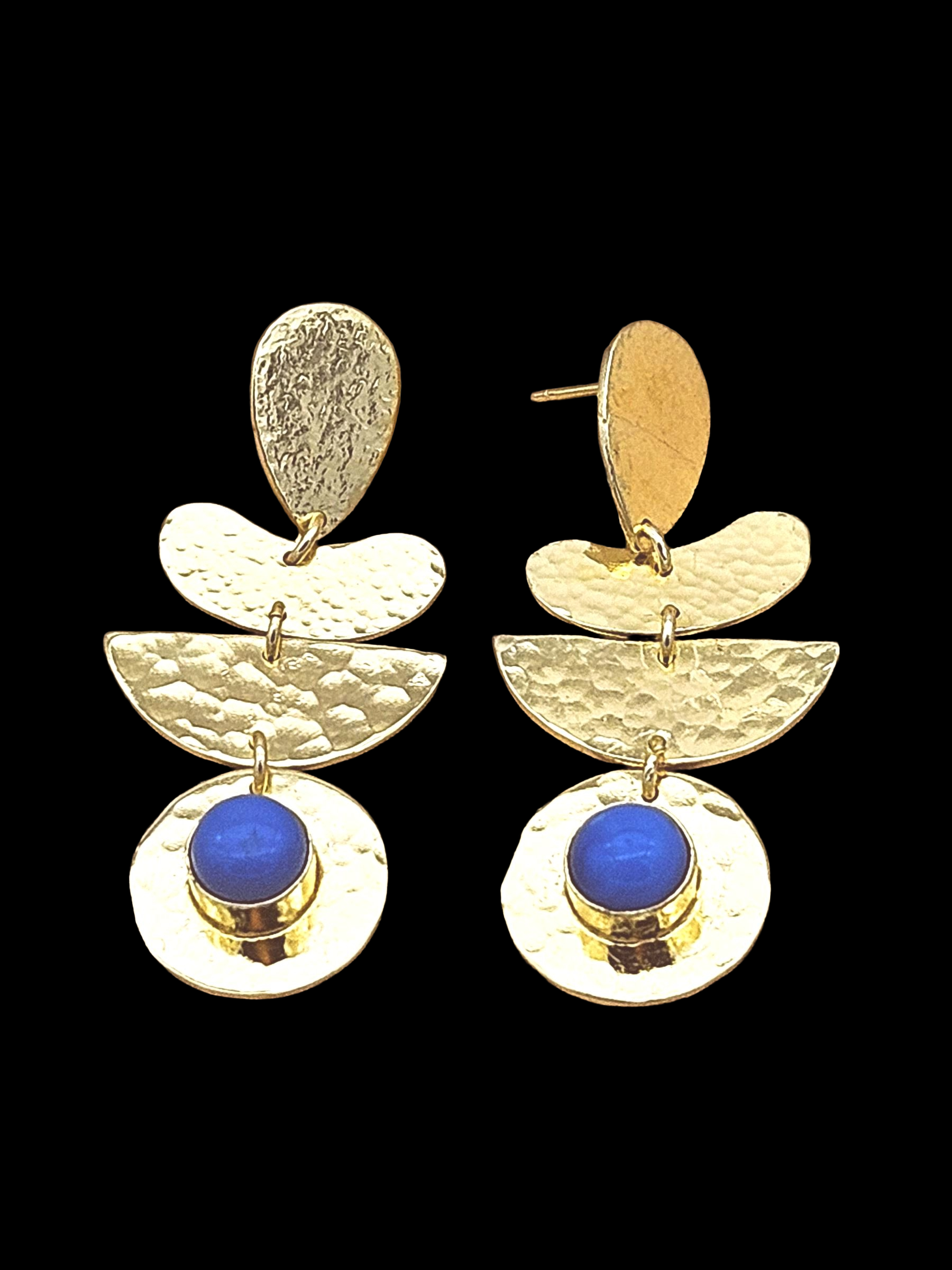 Handcrafted Gold Plated Blue Glass Hammered Earrings – Elegant Designer Dangle Jewelry for Women