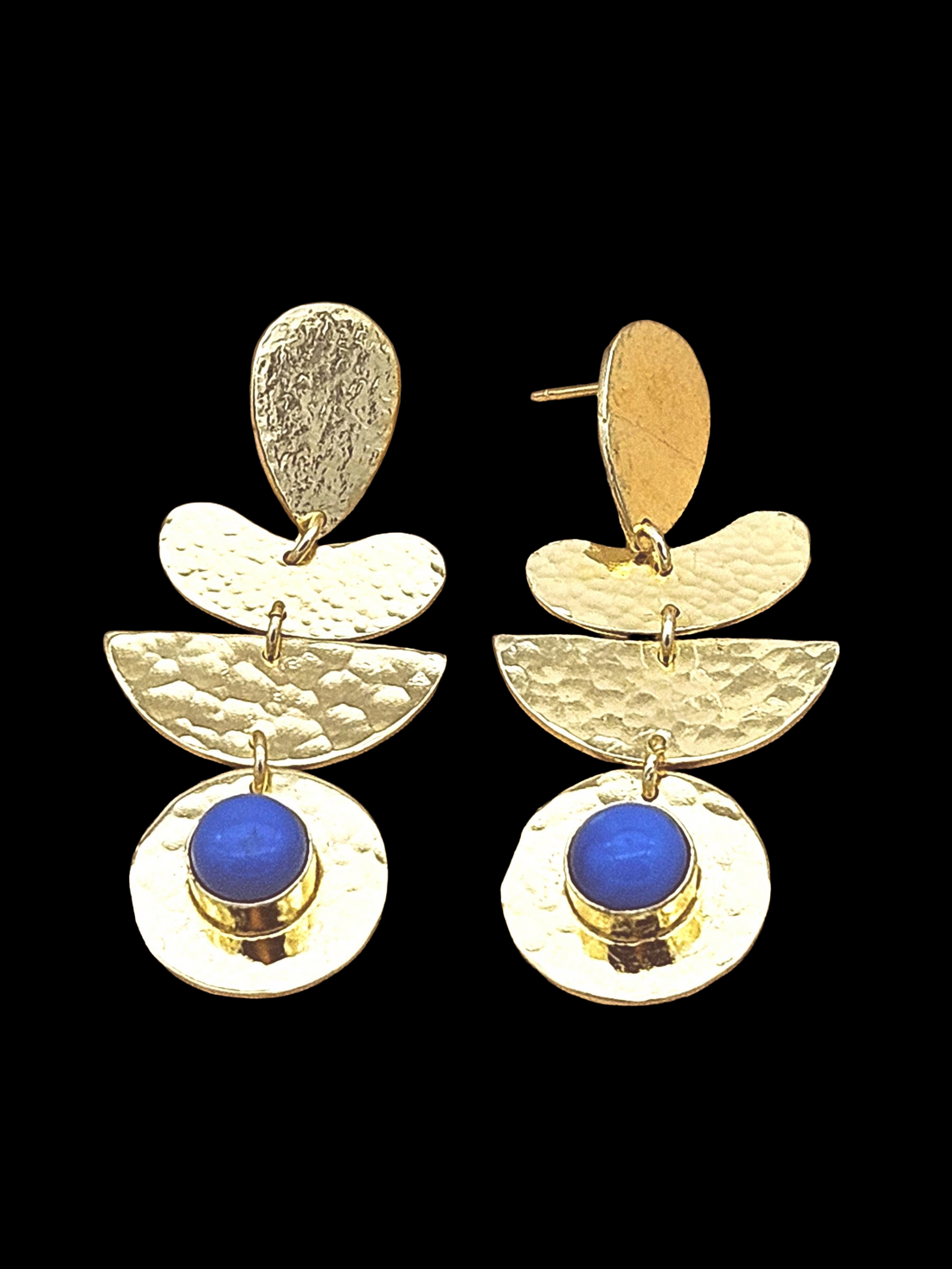 Handcrafted Gold Plated Blue Glass Hammered Earrings – Elegant Designer Dangle Jewelry for Women