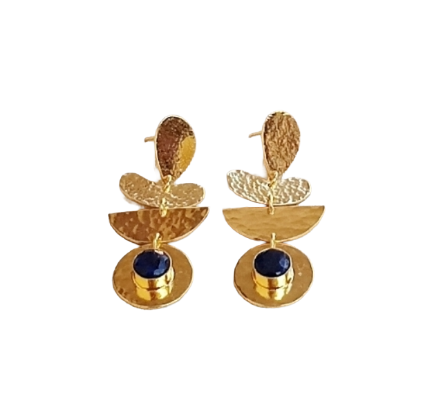 Handcrafted Gold Plated Blue Ropara Hammered Earrings – Elegant Designer Dangle Jewelry for Women