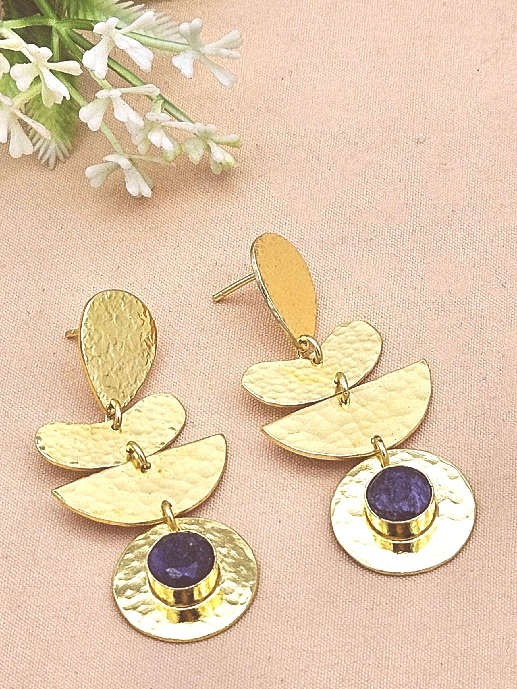 Handcrafted Gold Plated Blue Ropara Hammered Earrings – Elegant Designer Dangle Jewelry for Women