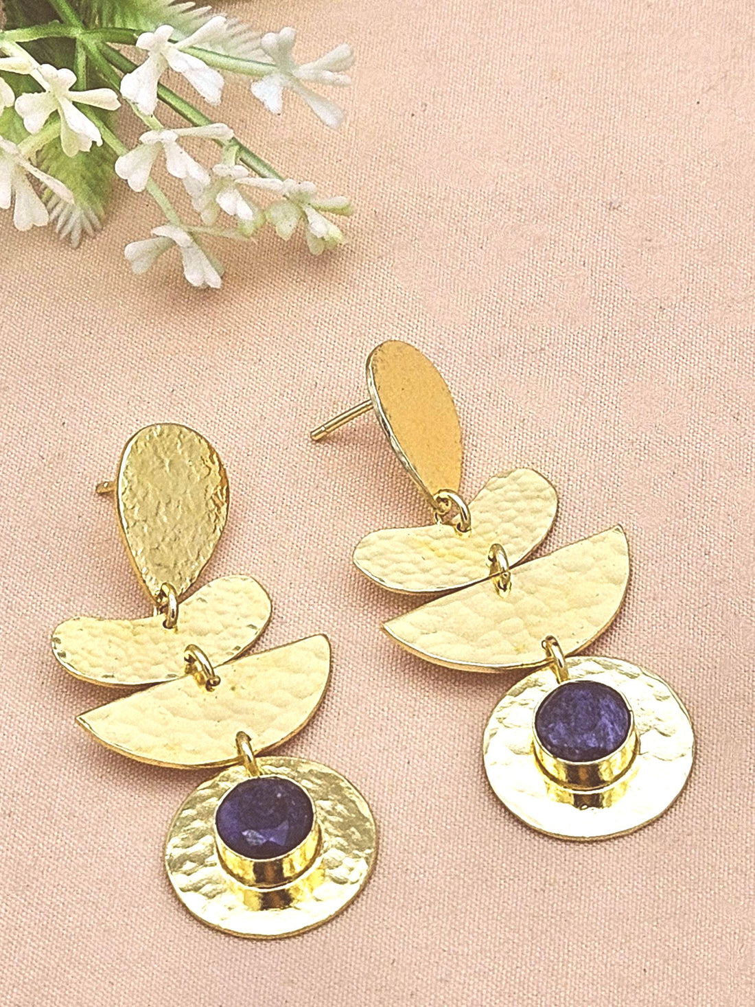 Handcrafted Gold Plated Blue Ropara Hammered Earrings – Elegant Designer Dangle Jewelry for Women