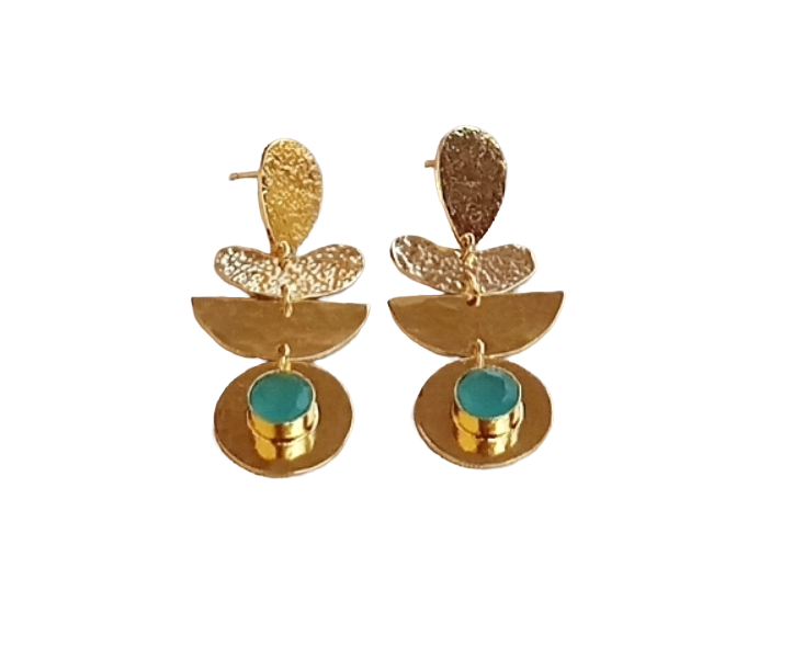 Handcrafted Gold Plated Aquamarine Hammered Earrings – Elegant Designer Dangle Jewelry for Women