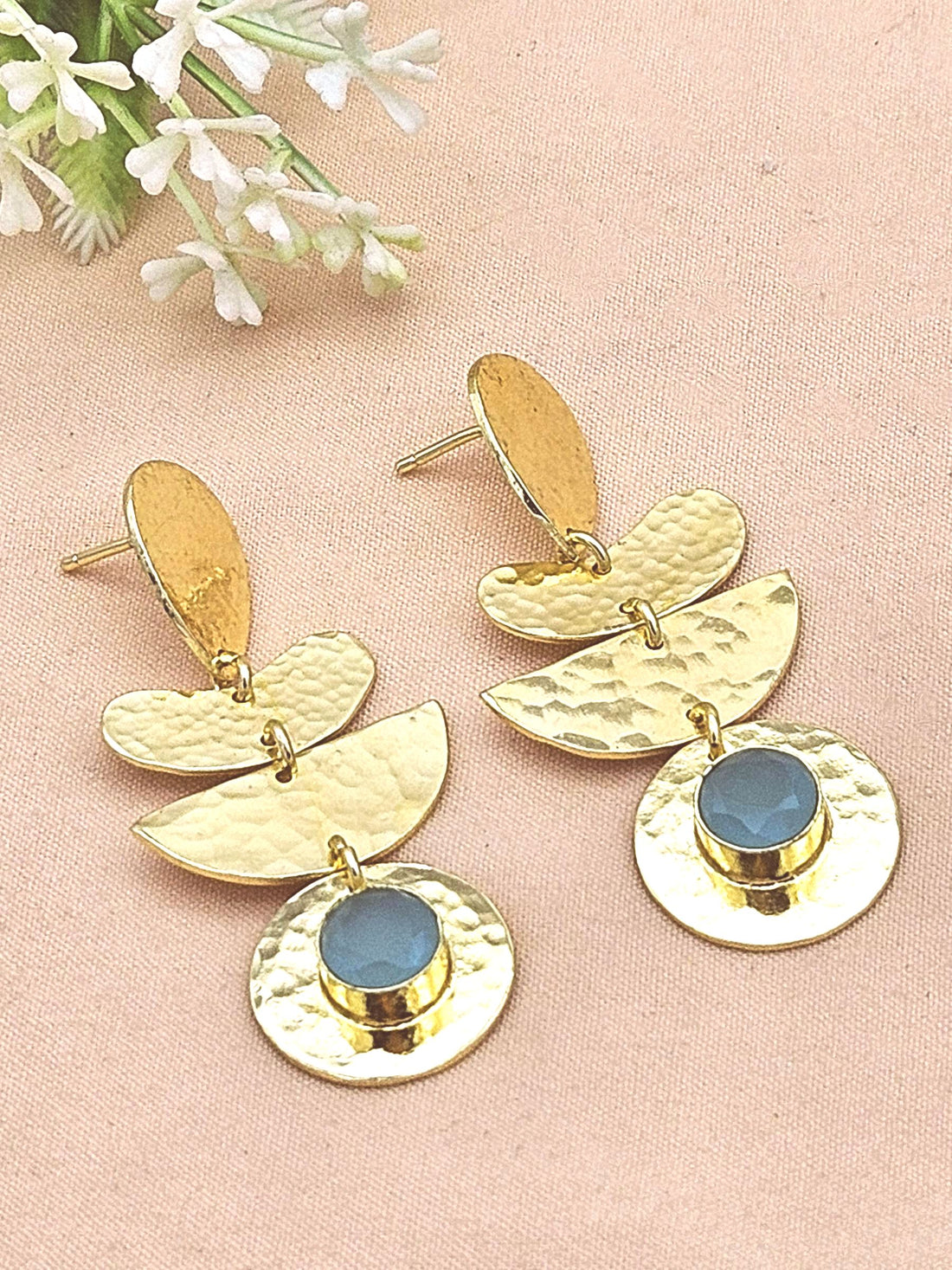 Handcrafted Gold Plated Aquamarine Hammered Earrings – Elegant Designer Dangle Jewelry for Women
