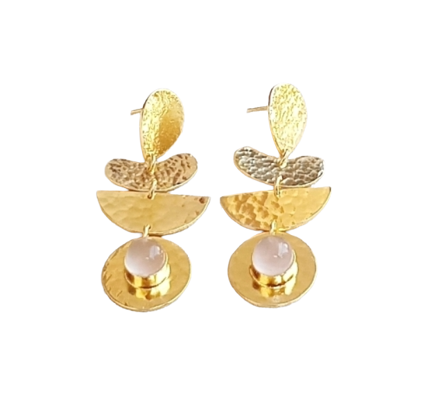 Handcrafted Gold Plated Rose Quartz Hammered Earrings – Elegant Designer Dangle Jewelry for Women