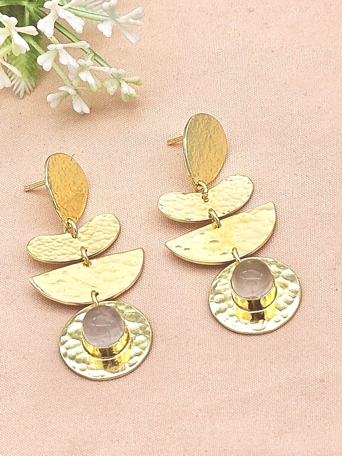 Handcrafted Gold Plated Rose Quartz Hammered Earrings – Elegant Designer Dangle Jewelry for Women