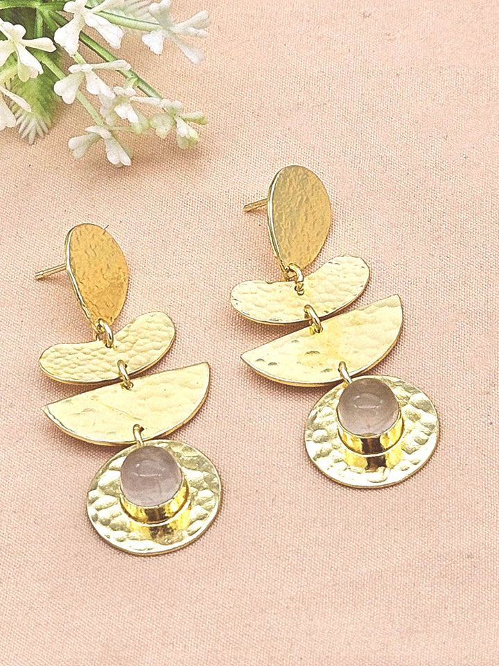 Handcrafted Gold Plated Rose Quartz Hammered Earrings – Elegant Designer Dangle Jewelry for Women
