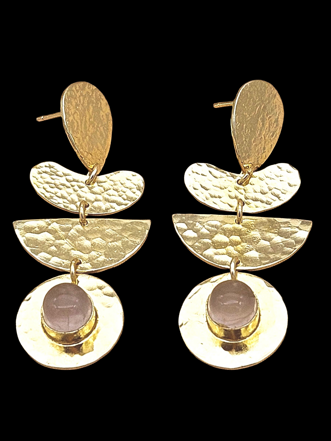 Handcrafted Gold Plated Rose Quartz Hammered Earrings – Elegant Designer Dangle Jewelry for Women