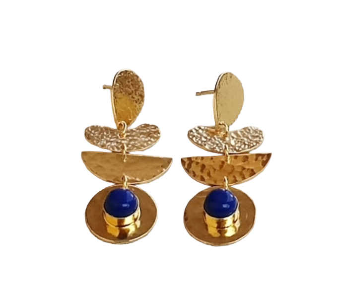 Artisan Gold Plated Blue Glass Earrings – Hammered Designer Drop Jewelry for Women