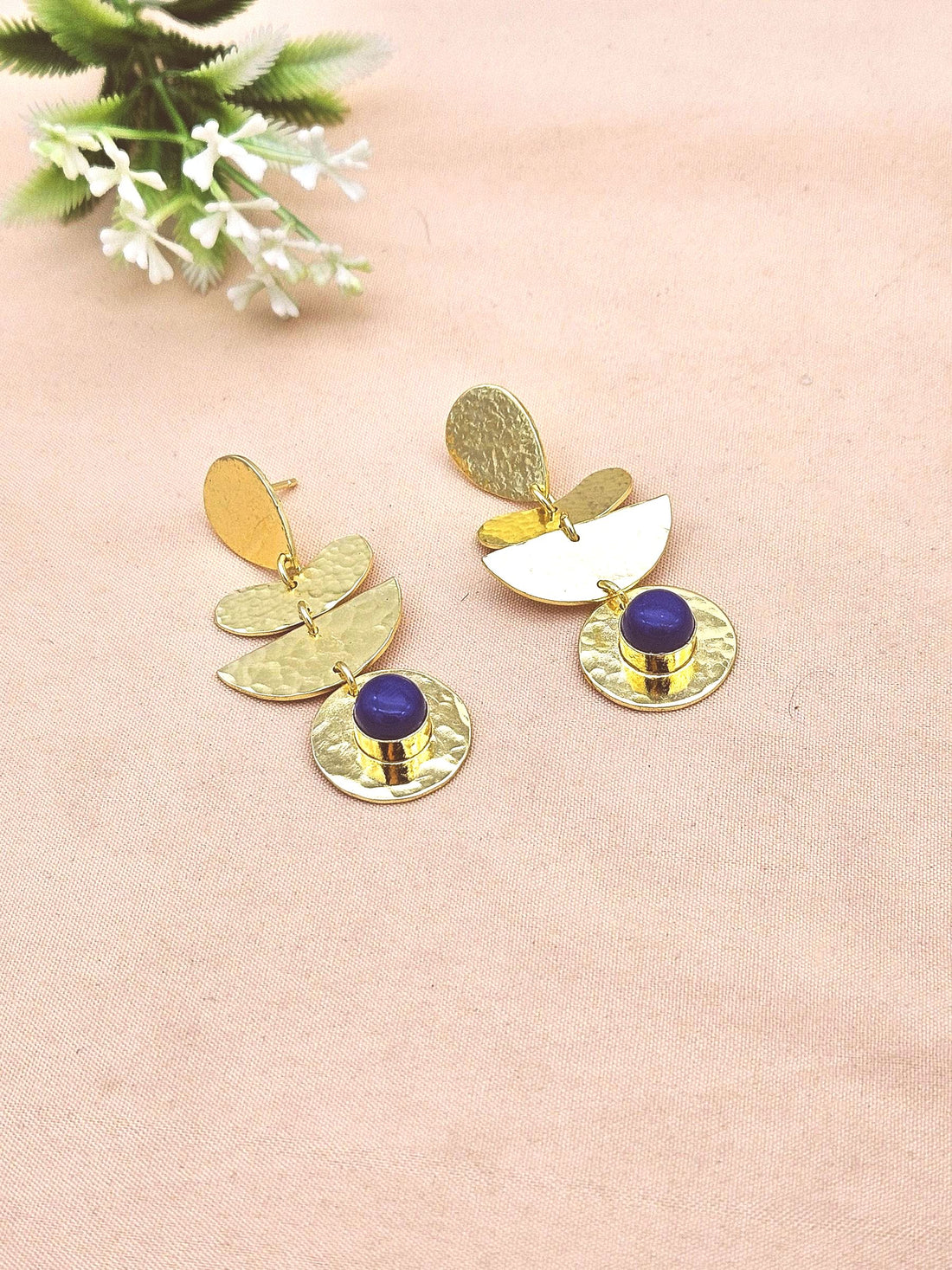Artisan Gold Plated Blue Glass Earrings – Hammered Designer Drop Jewelry for Women