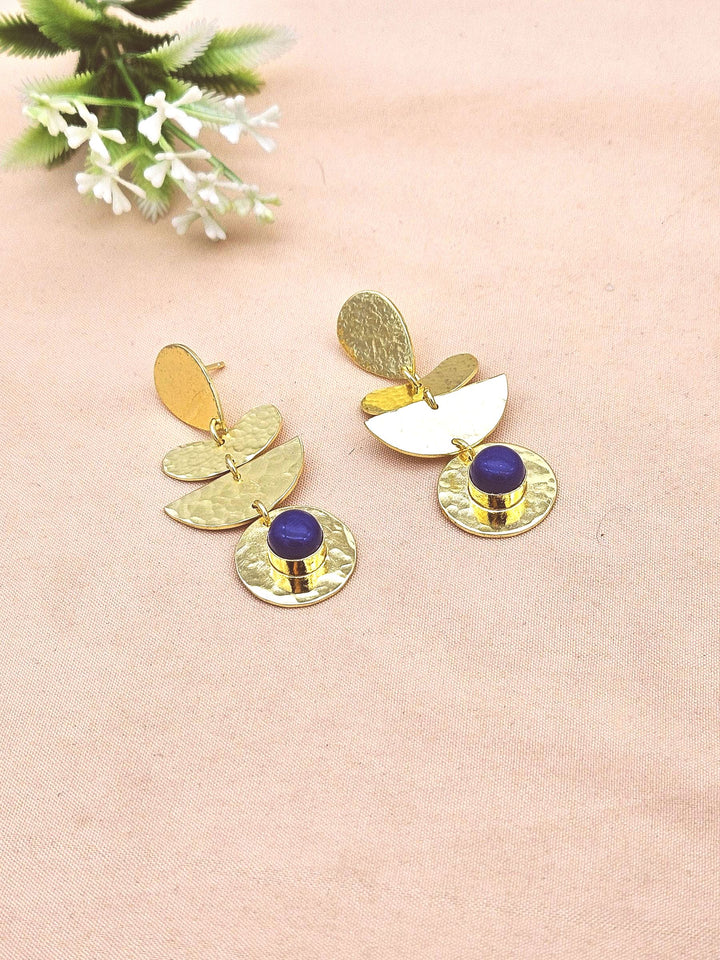 Artisan Gold Plated Blue Glass Earrings – Hammered Designer Drop Jewelry for Women