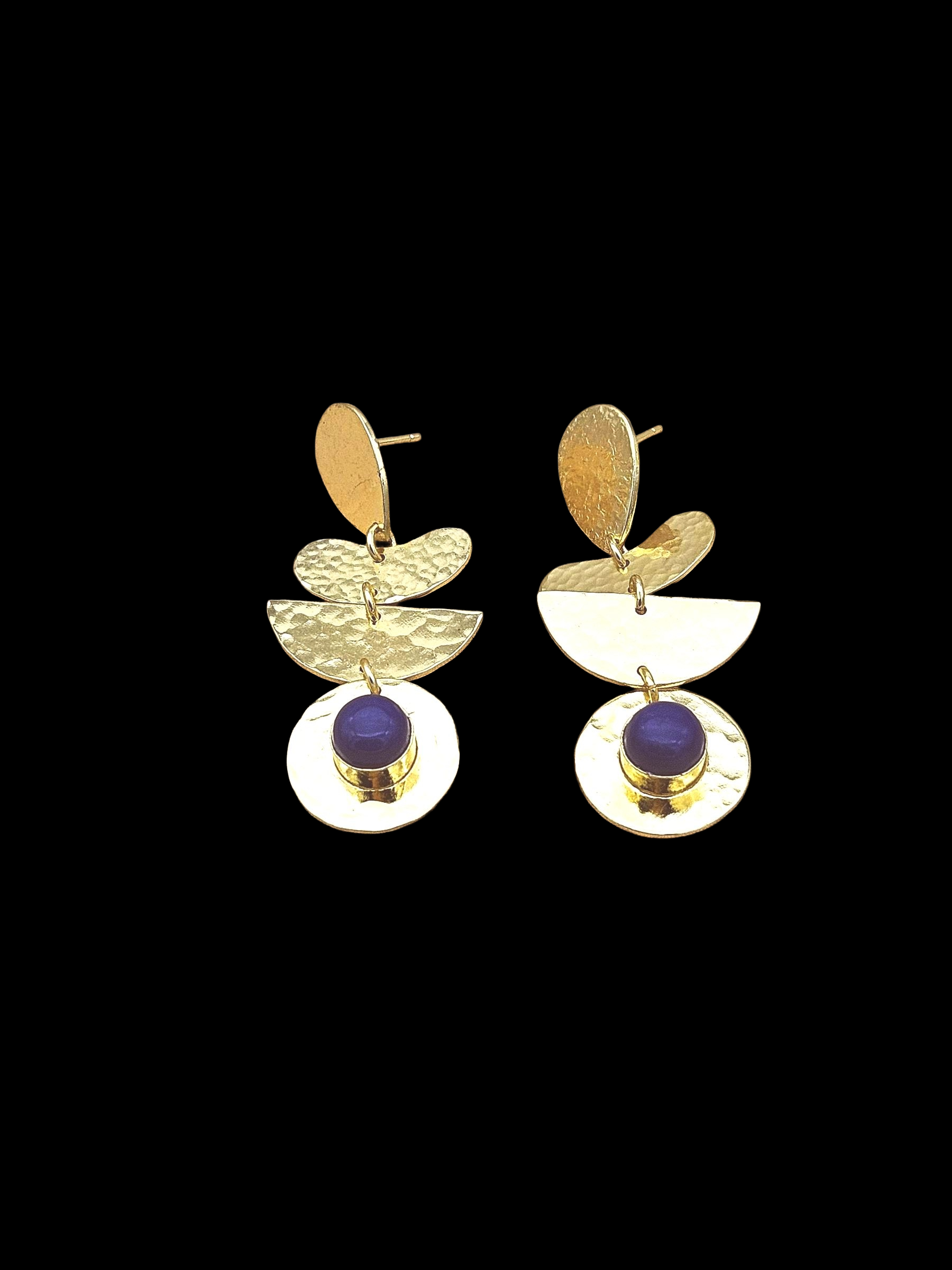 Artisan Gold Plated Blue Glass Earrings – Hammered Designer Drop Jewelry for Women