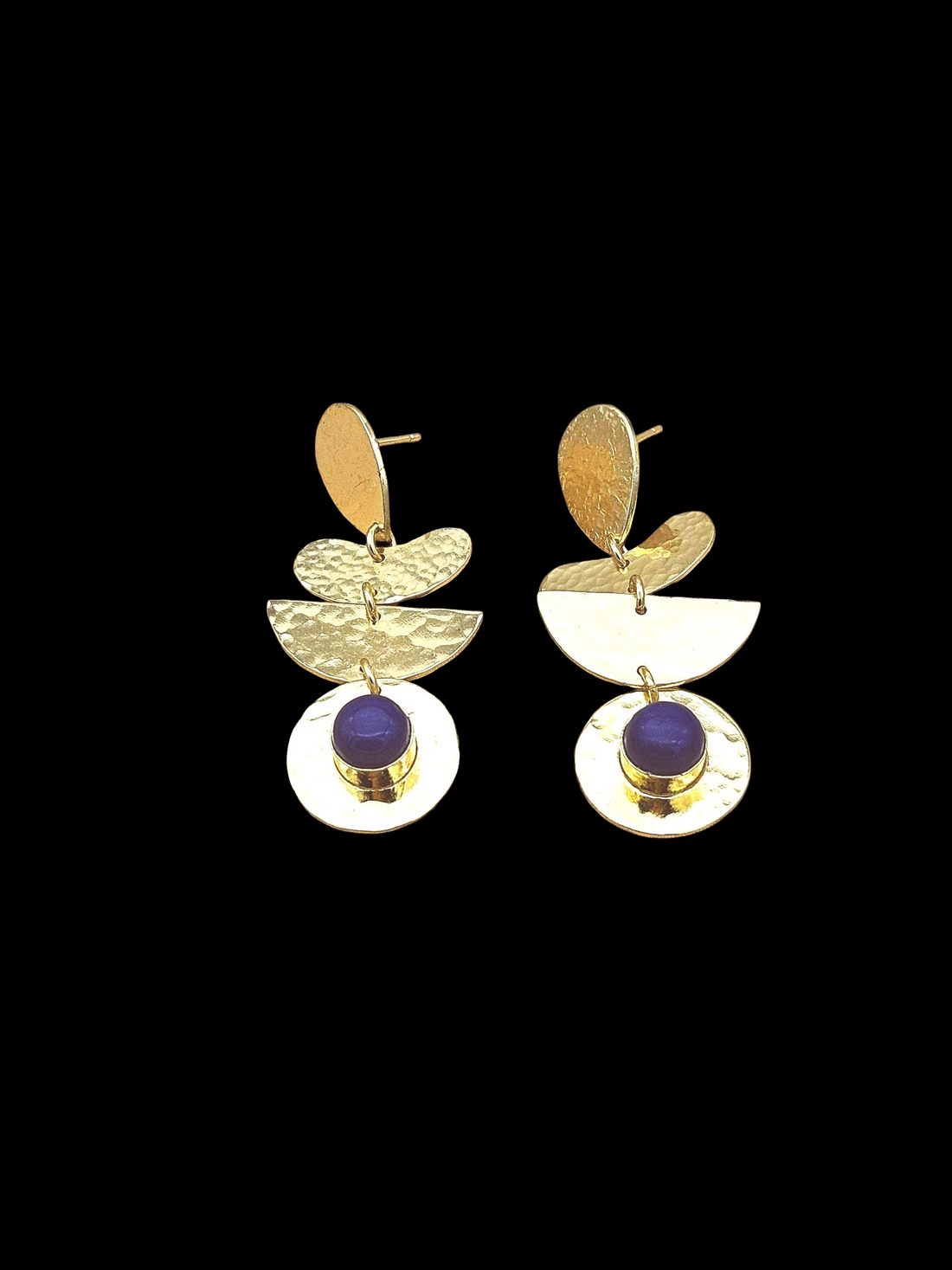 Artisan Gold Plated Blue Glass Earrings – Hammered Designer Drop Jewelry for Women