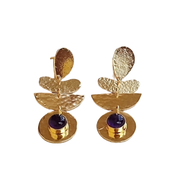 Artisan Gold Plated Amethyst Earrings – Hammered Designer Drop Jewelry for Women (Copy)
