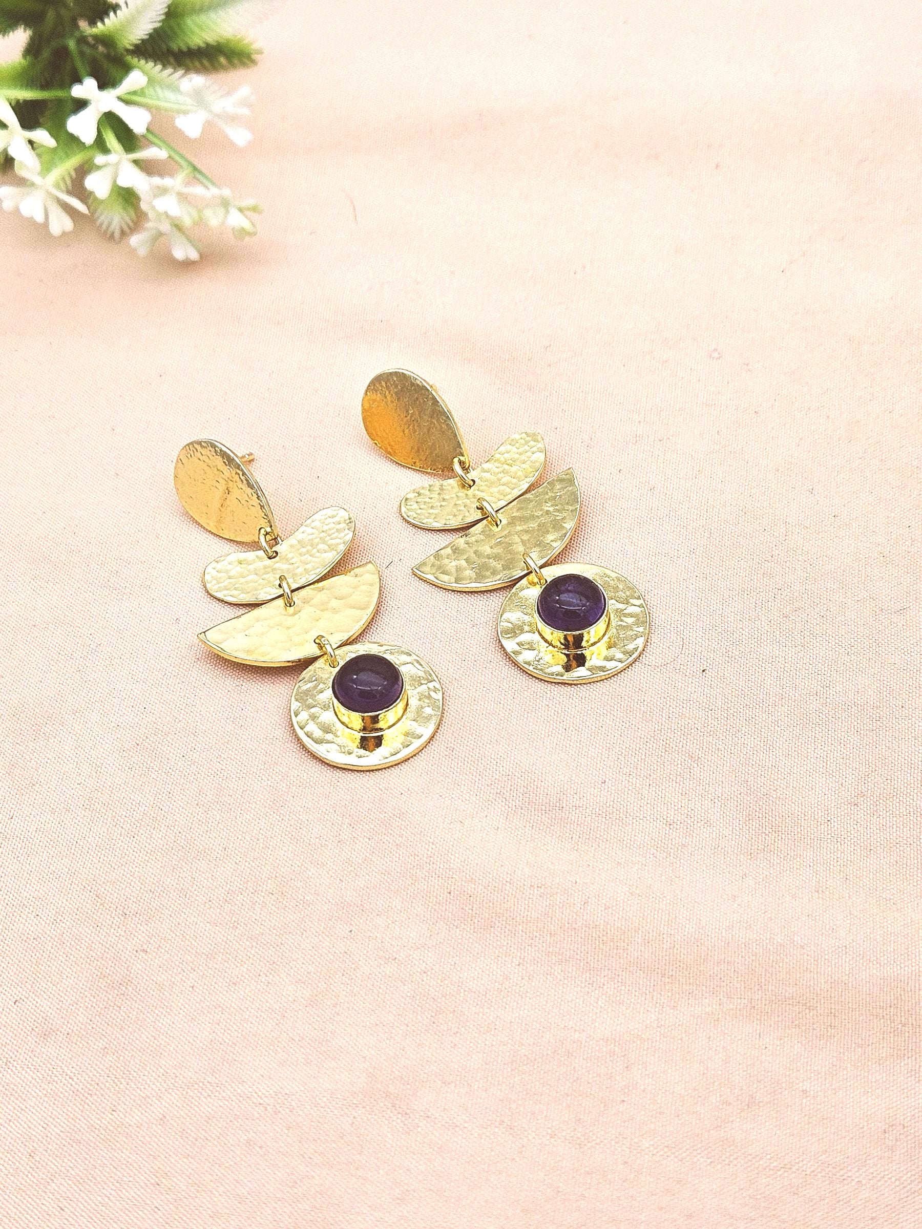 Artisan Gold Plated Amethyst Earrings – Hammered Designer Drop Jewelry for Women (Copy)