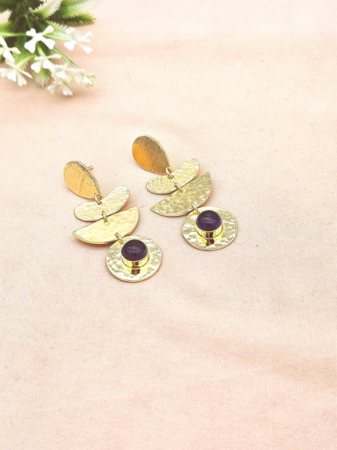 Artisan Gold Plated Amethyst Earrings – Hammered Designer Drop Jewelry for Women (Copy)
