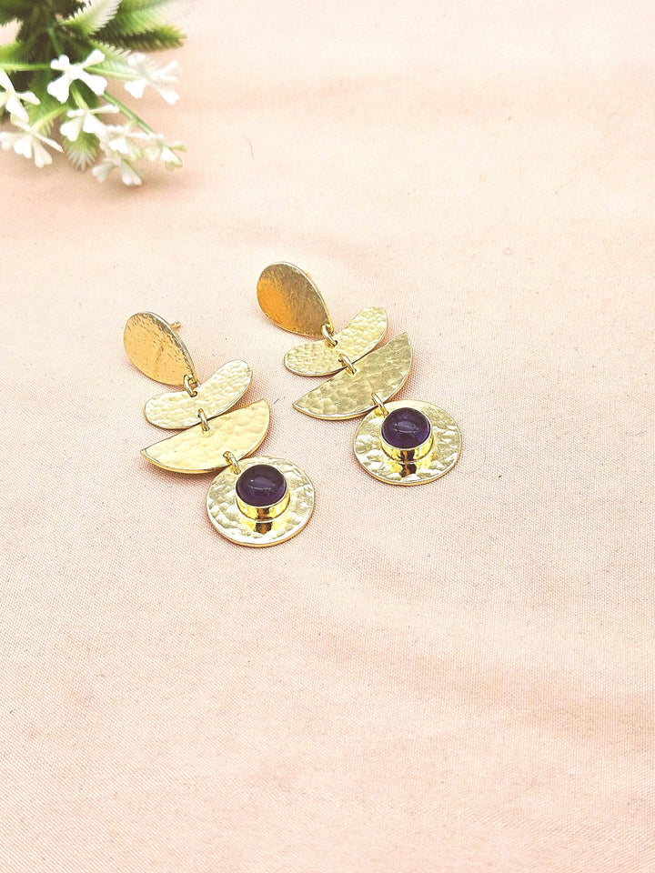 Artisan Gold Plated Amethyst Earrings – Hammered Designer Drop Jewelry for Women (Copy)
