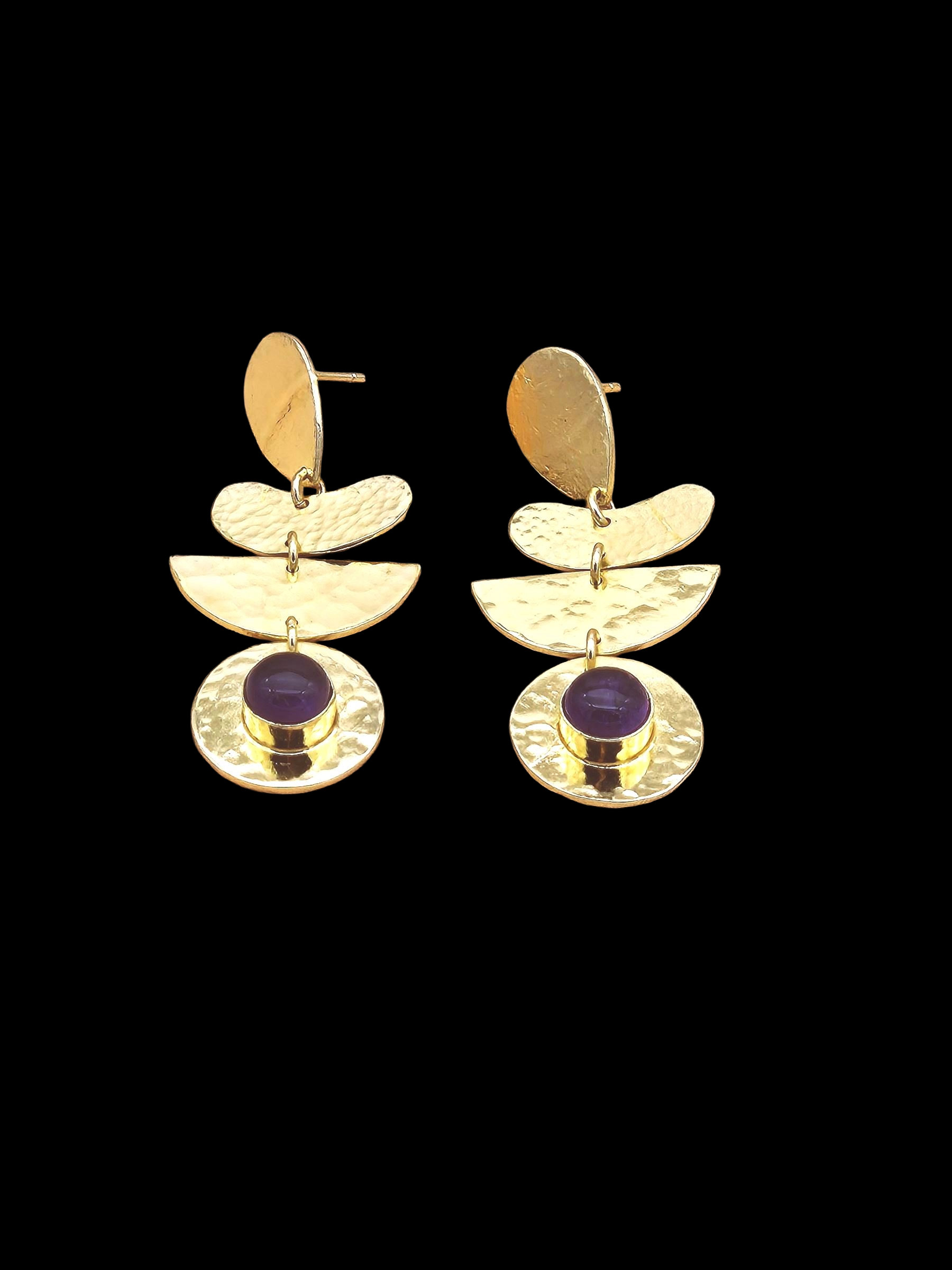 Artisan Gold Plated Amethyst Earrings – Hammered Designer Drop Jewelry for Women (Copy)