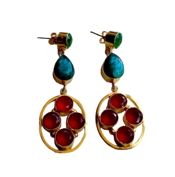 Gorgeous Gold Plated Dangle Earrings –Green-Red Onyx-Green Hathipara Gemstone Jewelry