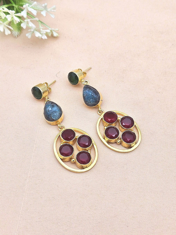 Gorgeous Gold Plated Dangle Earrings –Green-Red Onyx-Green Hathipara Gemstone Jewelry