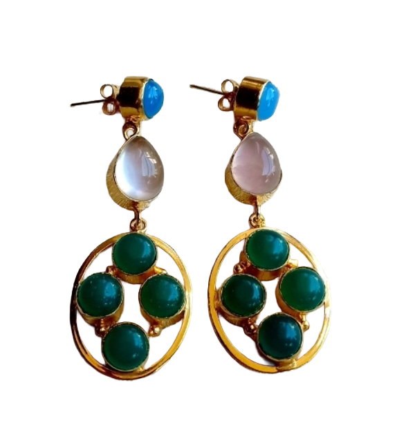 Gorgeous Gold Plated Dangle Earrings –Chalcedony-Rose Qtz-Green Onyx Gemstone Jewelry