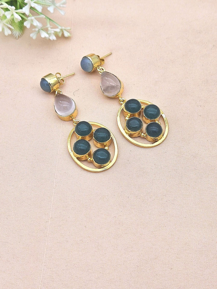 Gorgeous Gold Plated Dangle Earrings –Chalcedony-Rose Qtz-Green Onyx Gemstone Jewelry