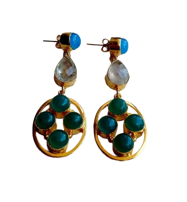 Gorgeous Gold Plated Dangle Earrings –Chalcedony-Golden rutile-Green Onyx Gemstone Jewelry