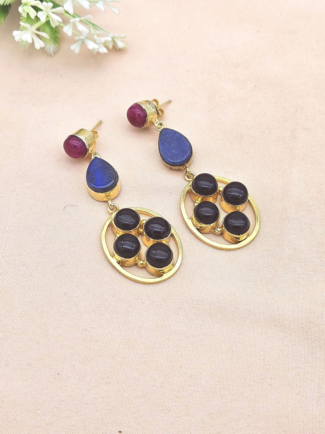 Gorgeous Gold Plated Dangle Earrings –Red, Blue & Black Onyx Gemstone Jewelry
