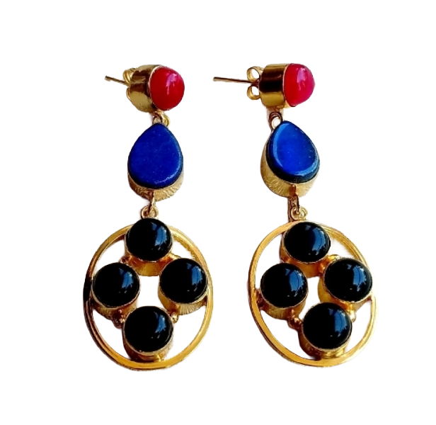 Gorgeous Gold Plated Dangle Earrings –Red, Blue & Black Onyx Gemstone Jewelry