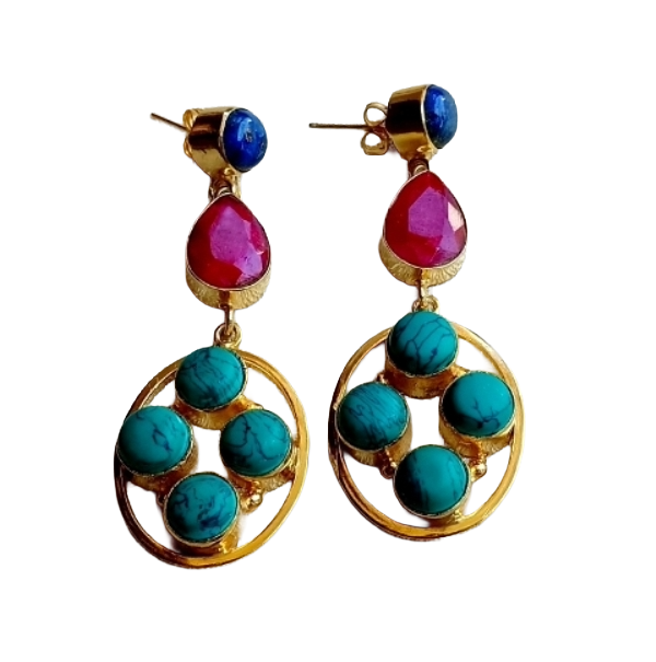 Gorgeous Gold Plated Dangle Earrings –Lapis Red Beryl Turquoise Gemstone Jewelry