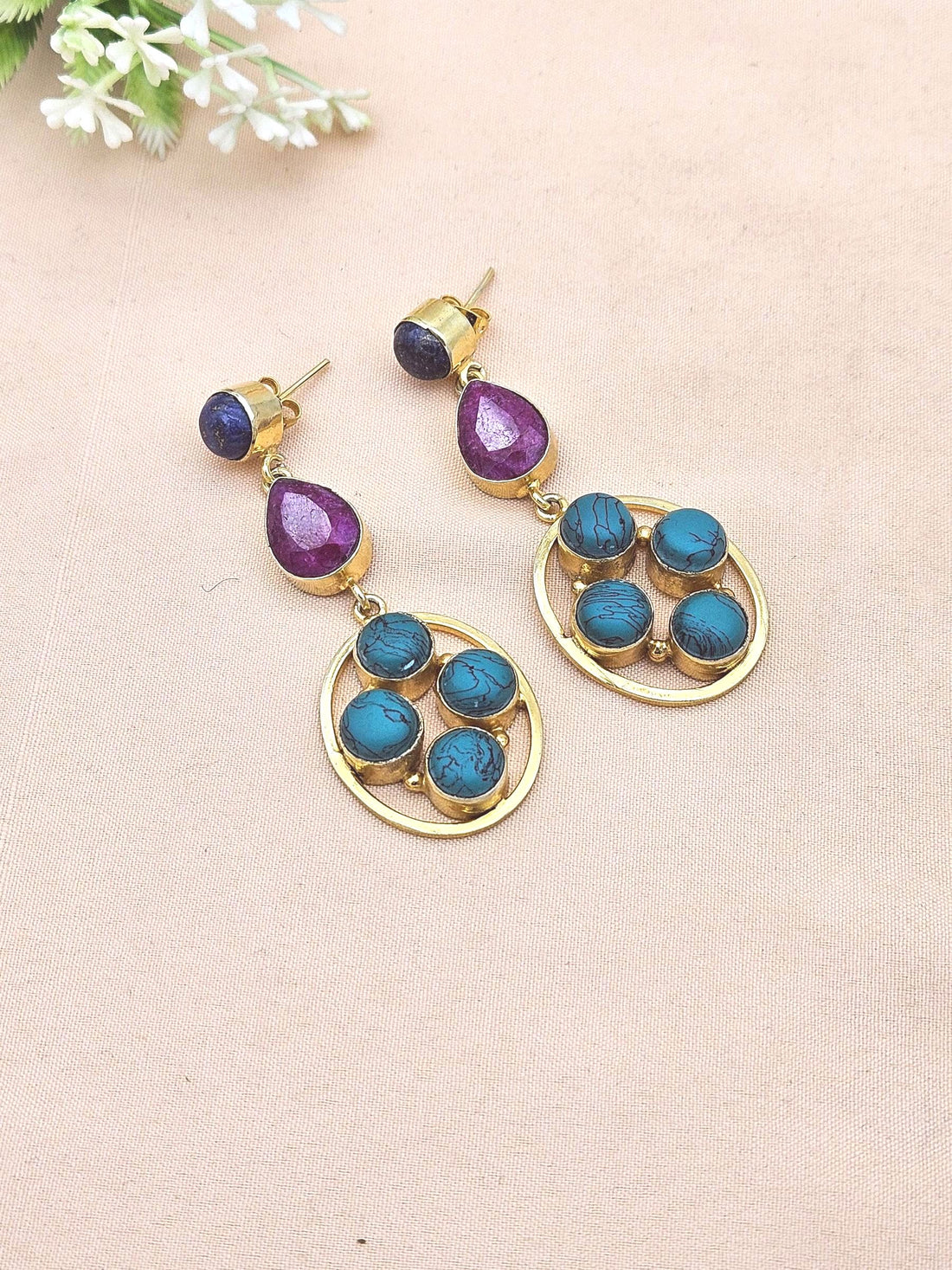Gorgeous Gold Plated Dangle Earrings –Lapis Red Beryl Turquoise Gemstone Jewelry