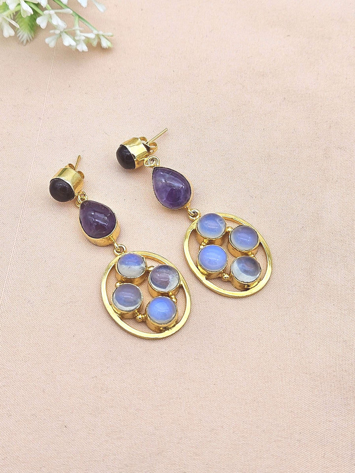 Gorgeous Gold Plated Dangle Earrings –Smoky ,Amethyst, Synthetic Opal stone Jewelry