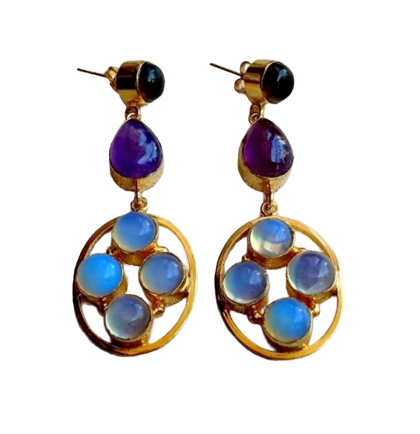 Gorgeous Gold Plated Dangle Earrings –Smoky ,Amethyst, Synthetic Opal stone Jewelry
